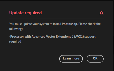 Windows 10 / unable to update Photoshop 26.0 / AVX